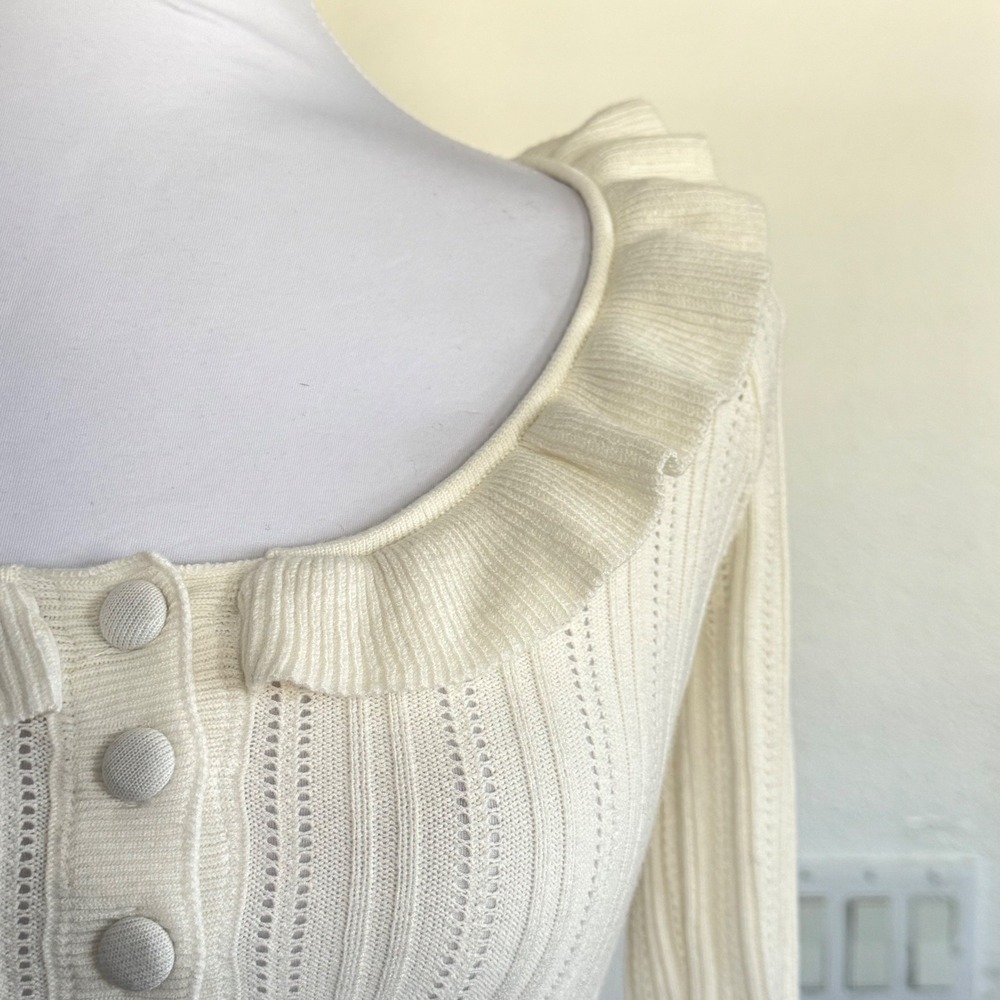 For Love & Lemons‎ Cream Pointelle Ruffle Cropped Cardigan Sweater XXS Ivory - Picture 3 of 12